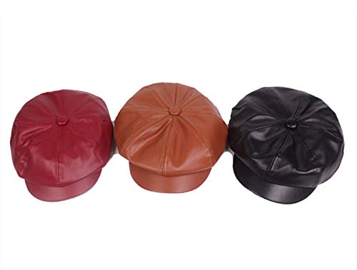 Falasoso Women Beret Pu Leather Casual Newsboy Cap, Vintage Octagonal Flat Cap Gatsby Driving Ivy Hat (Wine Red) #TOP4