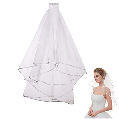 KENW Velo Corto Con Borde De Raso Con Peine Velos Cortos Sencillos De Tul Blanco Marfil Velo De Novia Largo Velo De Novia Cabeza Para Despedida De Soltera, Despedida De Soltera, Fiesta De Compromiso Cover