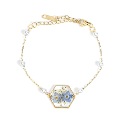 Forget-Me-Not Pressed Flower Bracelet | Handmade Jewelry | Forget-Me-Not and Queen Anne's Lace Bracelet for Women