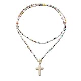 elegante Damenkette Generic Muschelkette Kreuz Bunte Perlenkette Damen Langkette Sommer Strand Mode Boho Lätzchen cm