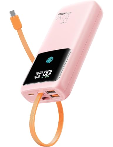 Image of Portable Laptop Charger 24000mAh 65W w /USB C Built-in Cable Pink | 65W Fast charging, LED display, Charge 4 devices at once, Pass through, TSA approved, Compatible with Macbook /Notebook /iPhone