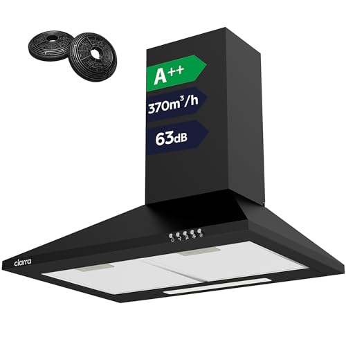 CIARRA CBCB6201 Hotte Aspirante 60cm 370m³/h Class A++- Evacuation ou Recyclage - Filtres à Charbon INCLUS - 3 Vitesse - Hotte Murale - Noir