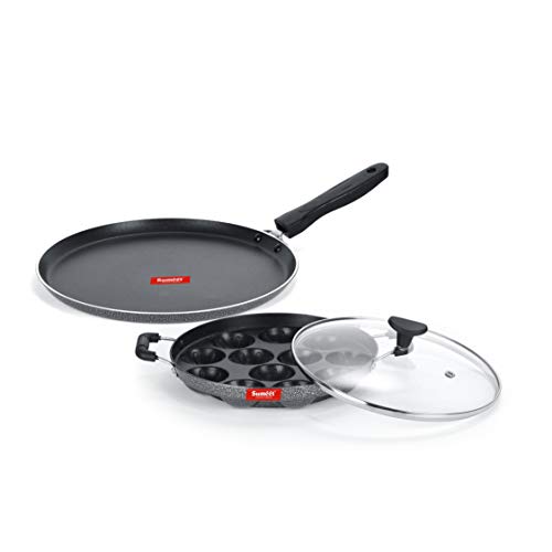 Image of SUMEET Aluminium NonStick Argent Cookware Set (Silver, Dosa Tawa - 26.5Cm , Grill Appam Patra with Glass Lid - 12 Cavity - 22cm Dia)