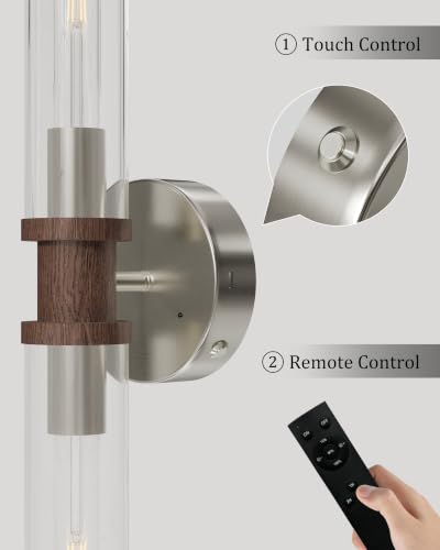 Image of Rayogale Nickel & Walnut Wireless Battery Operated Wall Sconces with Remote | Glass Rechargeable Wall Lights Set of 2 with Timer Function Dimmable for Living Room Bedroom Emergency 3000K, 20.5 Inch