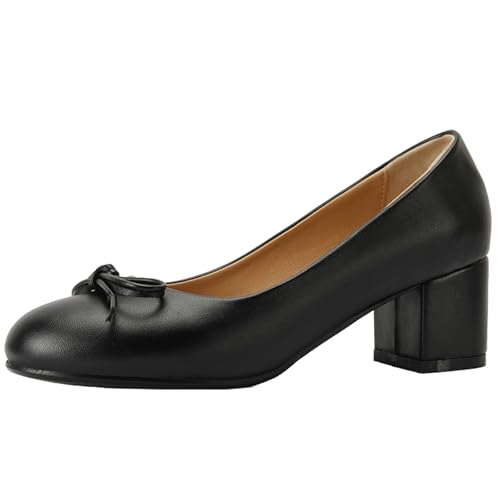 Women's Round Toe Chunky Heel Loafers Slip-on Pumps Dress Shoes with Bows2