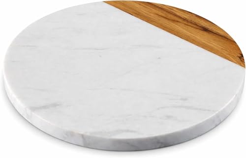 Image of White Round Marble Serving Board | Acacia Wooden, For Charcuterie, Cheese, Meats, Fruit, Crackers, Cheese Board, Cutting Board