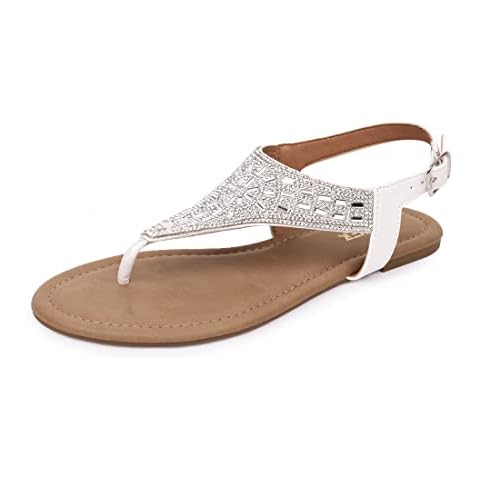 BENEKER Women's Rhinestone Thong Flat Sandals T-Strap Fashion Sandals Ankle Strap Summer Gladiator Sandals white 09 Cover