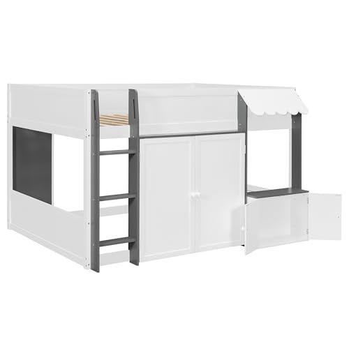 Image of Full House Loft Bed with Playhouse & Storage, Modern Wood Cabin Bed for Kids /Teens (White+Gray)