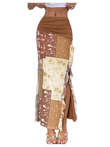 Verdusa Women's Boho Floral Patchwork Ruched Bodycon Skirt Hippie Thigh Slit Ruffle Long Skirts