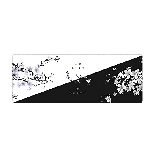Black White Cherry Blossom Mouse Pad Japanese Sakura Death Life Flower Extended Desk Mat 80X30 cm Non-Slip Rubber Base Stitched Edge Large XL Playmat for Keyboard Gaming Laptop Desktop,31.5×11.8 Inch