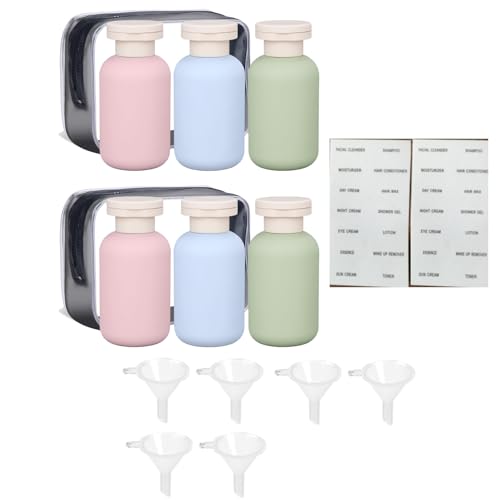 Image of Travel Bottle Kit for Toiletries, 6PCS 100ml Travel Toiletry Bottles Set with 6PCS Mini Funnels With 2 Storage Pouch, Leak-Proof Containers for Shampoo and Lotion, travel accessories, Pink Green Blue
