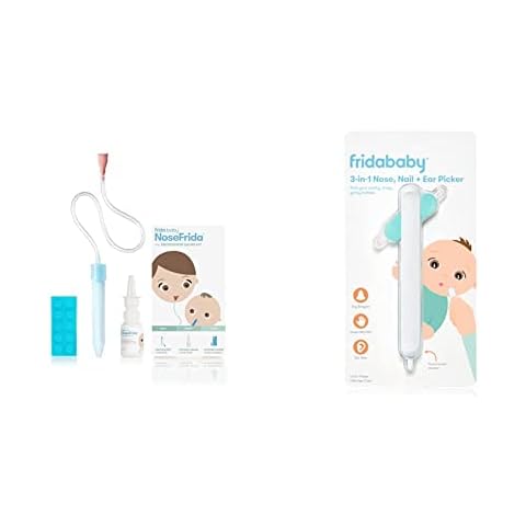 Baby Nasal Aspirator NoseFrida The Snotsucker with 10 Extra Hygiene Filters and All-Natural Saline Nasal Spray by Frida Baby White & 3-in-1 Nose, Nail + Ear Picker by Cover