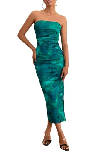 Milumia Women's Printed Strapless Tube Top Maxi Dress Slit Hem Sleeveless Bodycon Wedding Guest Party Long Dresses