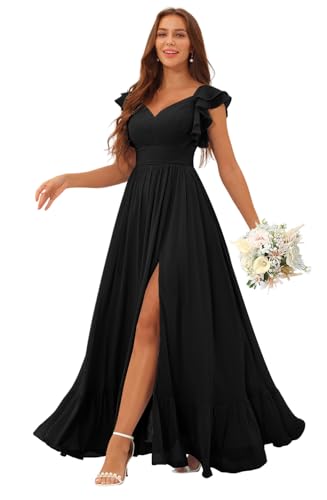 Image of Clothfun Ruffle Sleeve Elegant Bridesmaid Dresses Long Chiffon Formal Dress CYN007