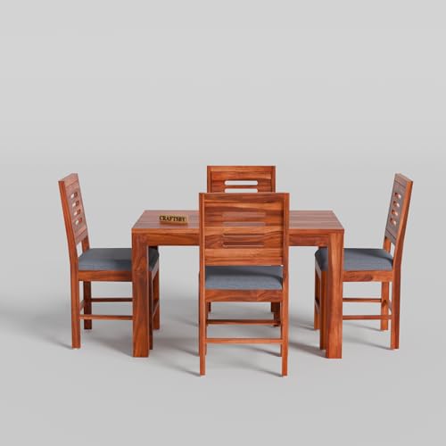 Image of 45 Inch Length Solid Sheesham Wood 4 Seater Dining Table Set | Four Seater Dinner Table with 4 Cushions Chairs | Dinning Table Set 4 Seater for Living Room | Table & Chair Set | Honey Finish