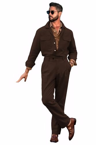 LEWIJO Dark Brown Men Suits Slim Fit 2 Buttons Linen Suit for Men 2 Piece Daily Work Safari Jacket Suit Dinner Wedding Mens Suits for Summer Size 38