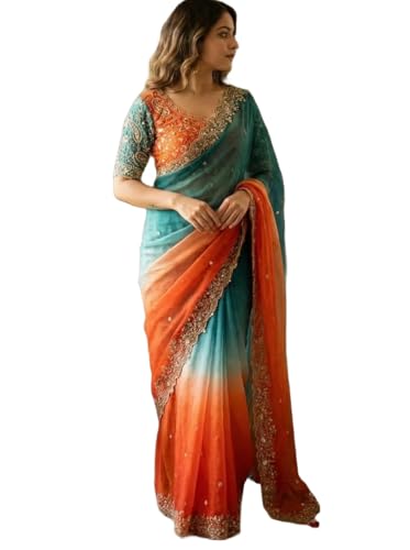 Image of Soft Fandy Satin Saree with Fancy C Pallu, Sequence Zari Work & Heavy Embroidered Stitched Blouse (Free Size)