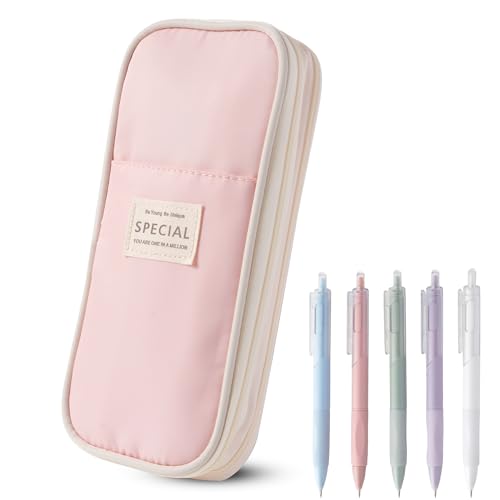Image of Large Capacity Pencil Case Pouch with 5 Black Gel Pens (Pink) | Expandable, Water-resistant, 4-compartment design, Versatile, Quality materials, Cute style, 0.5mm gel pens