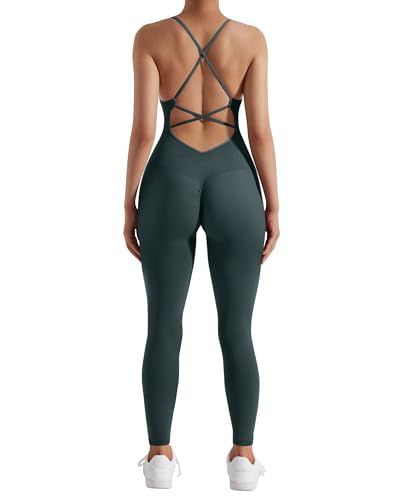 RXRXCOCO Mono de mujer con tirantes de espagueti, acanalado, ajustado, sin espalda, con relleno, reductor de abdomen, para yoga y deporte, de una pieza, mono bodysuit, S