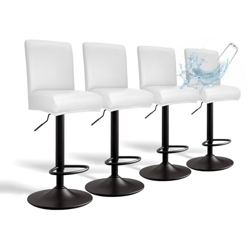 Image of PU Leather Bar Stool Covers with Backs, 4 Pack Stretch Waterproof Bar Stool Chair Covers Washable & Comfortable Barstool Covers Slipcovers with Back for Pub /Counter /Dining Room (Pure White)