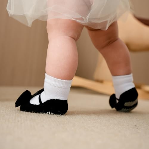 Yeshsore Baby Girls Socks with Grips and Bow, Toddler Non-Slip Cotton Floor Ankle Socks for Infant Toddlers and Kids 3 Pairs3