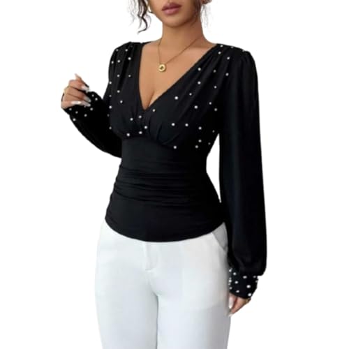 Blusa de Mujer con Escote en V Profundo y Mangas Farol, Fruncida y Ajustada, con Adornos de Perlas, para Fiesta (Black,L)