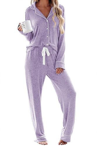 Image of Ekouaer Women's Pajamas Long Sleeve Sleepwear Casual Button Down Loungewear Soft Pjs Set S-XXL