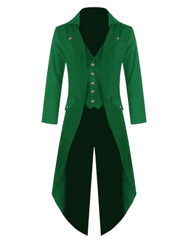 Ivay Mens Gothic Tailcoat Jacket Vintage Green Steampunk VTG Victorian Long Coat