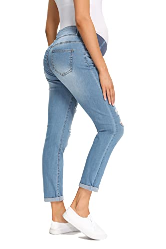 Foucome Women's Maternity Ripped Boyfriend Jeans Distressed Jeans Stretch Jeans With Hole (Blue, M) #TOP2