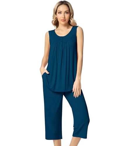 Image of NACHILA Pajamas for Women-Viscose Made from Bamboo, Sleeveless Pjs Top and Capri Pants Pajama Set Cool Pleated Sleepwear