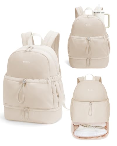 Ceneda Gym Backpack for Women, Lightweight Puffer Backpack with Shoe Compartment, Wet Pocket & Tumbler Strap, Cute Daypack for Fitness, Daily Use & Travel (Beige)