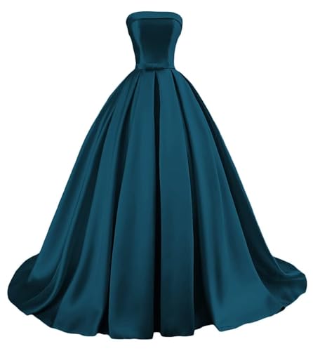 Damen Trägerloses Satin Ballkleid Lang Satin Formelle Abendkleider A Linie...