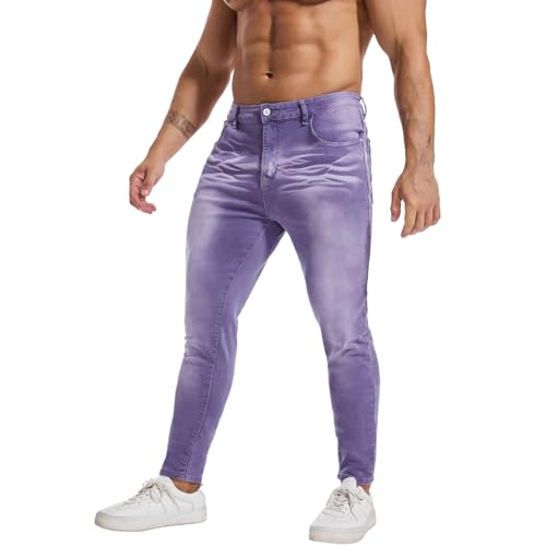 FIILIMER Men's Super Skinny Stretch Tapered Leg Slim Fit Ripped Distressed Jeans（987-Purple,30）