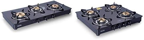 Glen 4 Burner Gas Stove with Brass Burner (CT4B55BLBB Cooktop, Black) & Glen 3 Burner Gas Stove Auto Ignition with SS Drip Tray (CT3B73BLBBAI Cooktop, Black)