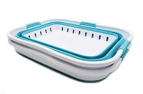 Image of SAMMART 42L (11 gallon) Collapsible Plastic Laundry Basket - Foldable Pop Up Storage Container /Organizer - Portable Basket - Space Saving Hamper /Basket (2, White /Bright Blue)