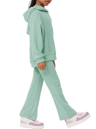 Image of Haloumoning Girls 2 Pieces Outfits Ribbed Knit Hoodies Flare Pants Sweatshirts and Sweatpants Kids Tracksuits 4-14 Years