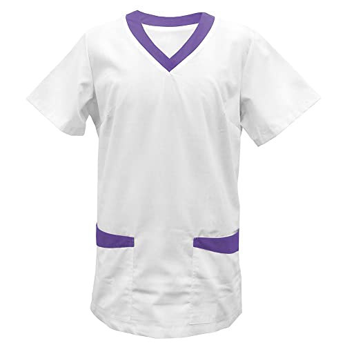EXNER Medizinischer Schlupf-Kasack mit Besatz, OP-Kasack, für Damen und Herren in Medizin, Krankenpflege, Altenpflege, SPA, Wellness, Kosmetik, Farbe weiß, Besatz Purple, Größe 5XL