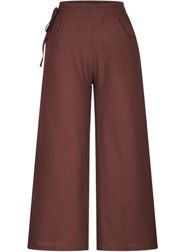 Image of KOTTY Women's Crumble Fabric High Waist Solid Color Drawstring Wide Leg Trousers Loose with Pockets