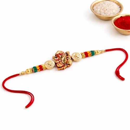 Image of JAIPUR ACE Designer Lord Ganesha Rakhi Bracelet with Multicolor Beads - Premium Gold Finish Raksha Bandhan Thread for Brother