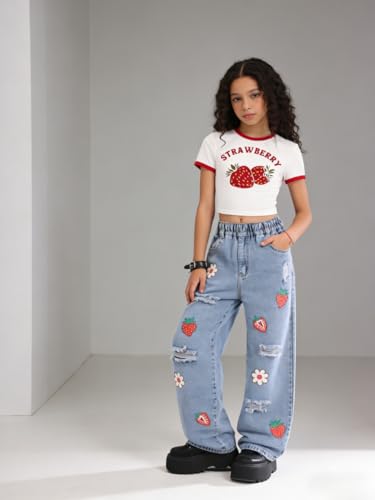 Image of Azmxynol Tween Girl Clothes Short Sleeve Top + Butterfly Design Jeans 2 Pieces Spring Summer Outfit Set, Size 6-14 Years