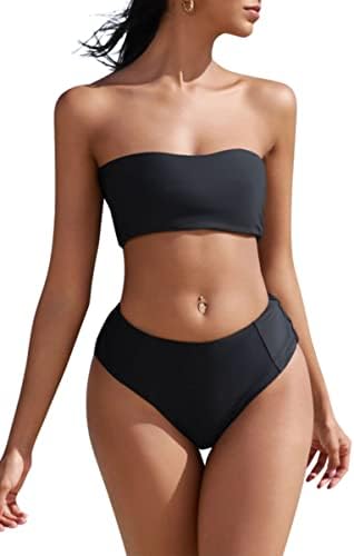 ZAFUL Women's High Cut Bandeau Bikini Set Strapless Solid Color 2 Pieces Bathing Suit Swimsuit (0-Black,S)