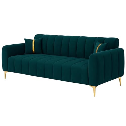 Image of FURNY Harmony 5 Seater Fabric 3+2 Sofa Set (Greenish Teal) with Golden Finish Legs | Premium Velvet Finish | Durable & Comfortable | Ideal for Living Room