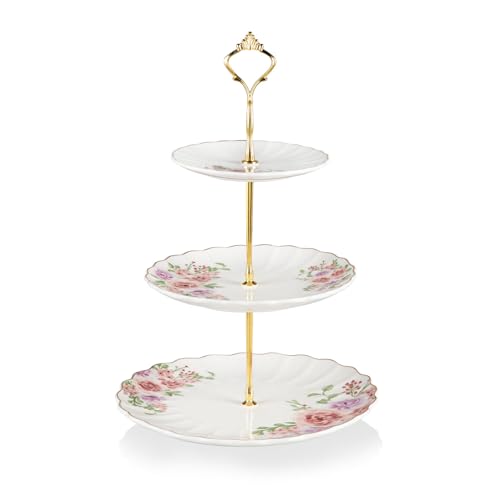 Sweejar 3 Tier Ceramic Cake Stand Wedding, Dessert Cupcake Stand for Tea Party Serving Platter (Rose Flower)