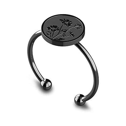 seensea Handmade Flower Ring Signet Ring Botanical Engraved Adjustable Minimalistic Daily Ring (poppy flowers-black) Cover