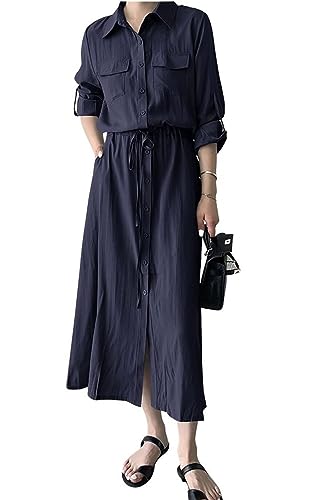 Image of Women Roll-Up Long Sleeve Button Down Shirt Midi Dress