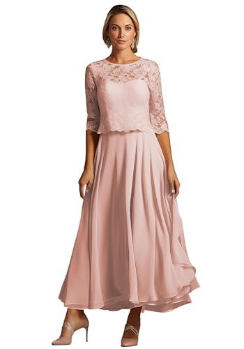 TANPAUL Teelänge Abendkleider Damen Chiffon A-Linie Brautmutterkleider 1/2 Ärmel Festliche Kleider...