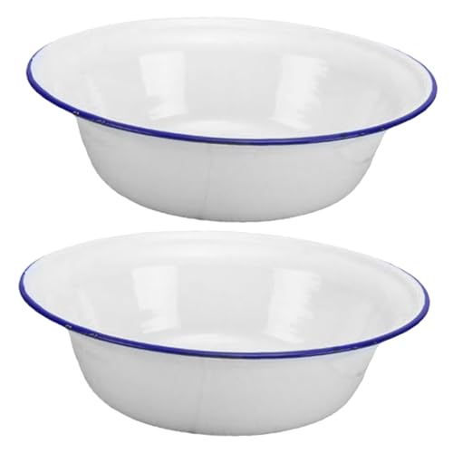UKCOCO Ciotola Smaltata Vintage Da Cucina 22cm in Smalto Sicuro Per Servire, Conservare Zuppa e Impastare, Set Da 2 Pezzi, Bacinella Profonda Bianca Retrò Per Uso Domestico