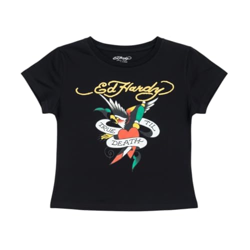 ED HARDY Womens True Eagle Baby Tee in Black WHWR1104-11 (US Alpha Large Regular Regular Black)