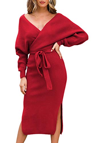 Women s V Neck Knitted Dress Backless Slit Long Sleeve Pencil Maxi Sweater Dress Red M