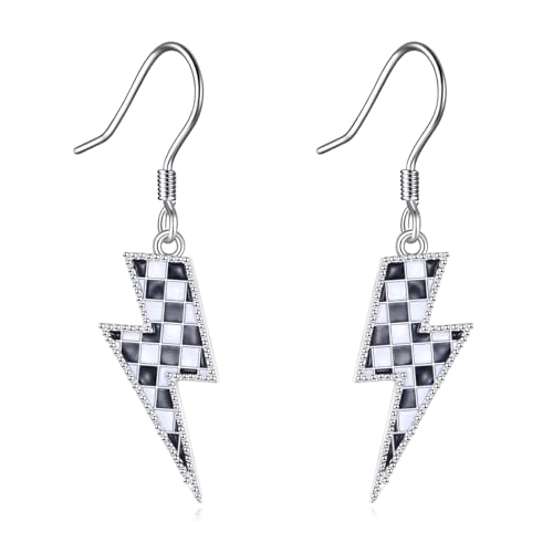 YFN Checkered Flag Earrings Sterling Silver Lightning Bolt Racing Flag Dangle Drop Earrings Black and White Race Car Jewelry for Women Racer Gifts